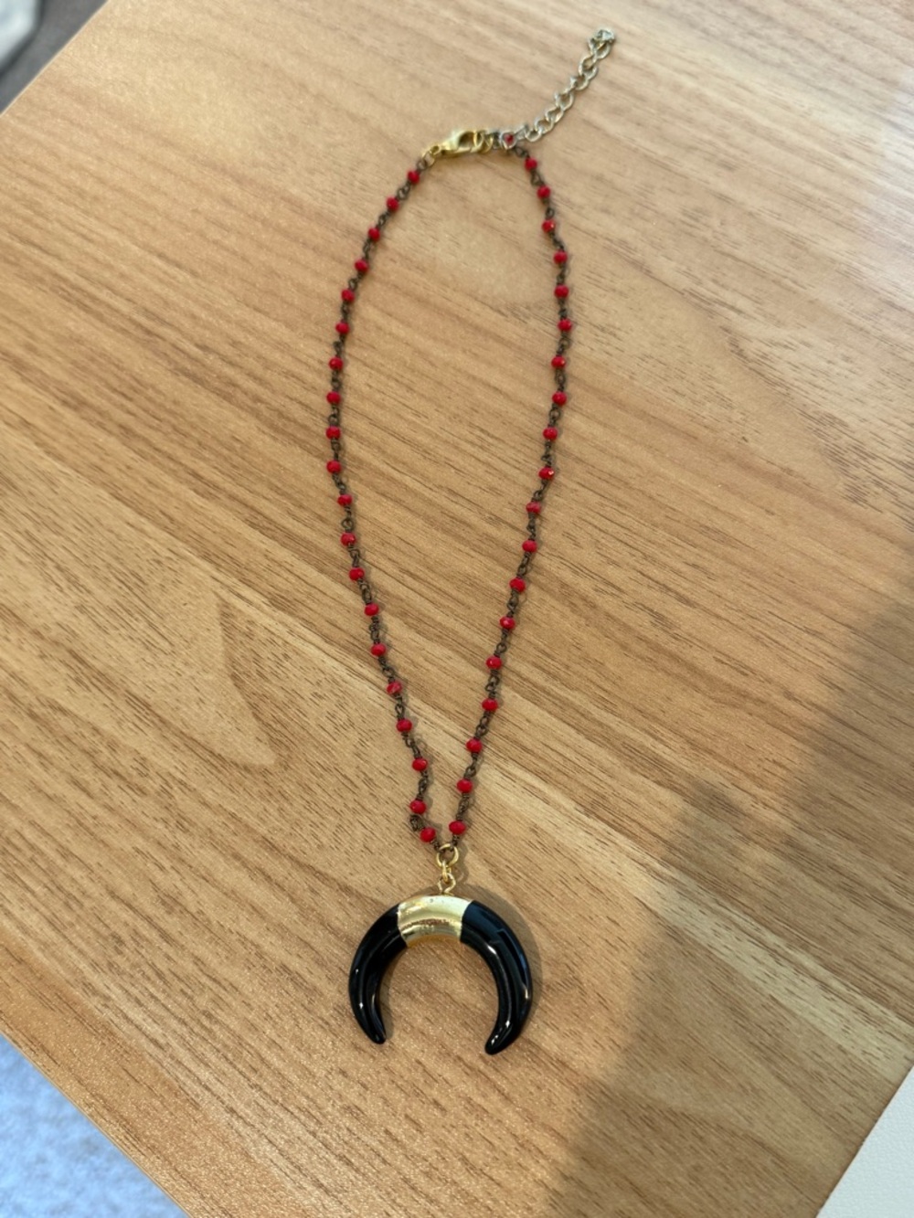 Gold & Black Crescent Pendant Necklace with Red Beaded Chain